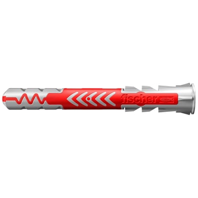 Fischer DUOPOWER dybel i grå/rød nylon, 10 x 80 mm, der viser den tofasede funktion og ekspansionsteknologi.