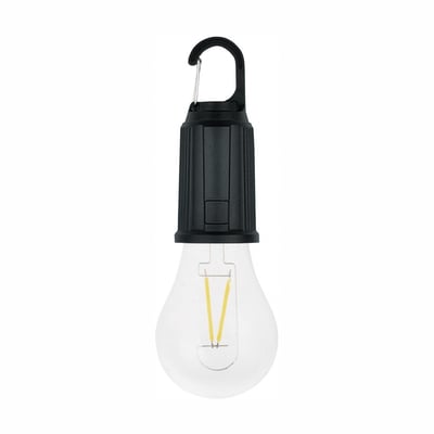 SpectrumLED Lumo LED-solcellelampe med sort ophæng og synlig pære, vist forfra på lys baggrund.