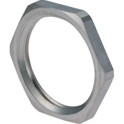 Rittal låsemøtrik MS MPG, PG13,5 i blank messing med en 23mm key, vist forfra på hvid baggrund.