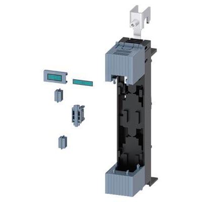 Siemens monteringssæt til 4-polet 3NP1 sikringslastafbryder, vist med alle dele adskilt for montering på 60 mm skinnesystem.