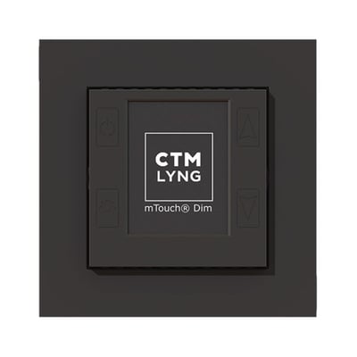 mTouch Dim-R lysdæmper i mat sort plast med LCD-display og berøringsknapper. Fremhæver CTM LYNG logo og produktnavn.
