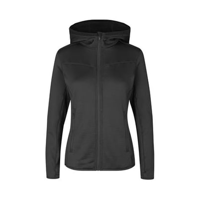 Sort ID Identity dame cardigan i str. 4XL med hætte og YKK lynlås foran samt sidelommer.