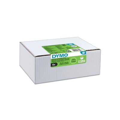DYMO LabelWriter dyrlægeetiketter i hvid, 70x54 mm. Pakke med 6 ruller, 400 etiketter pr. rulle, lavet i Europa af 80% genbrugsmateriale.