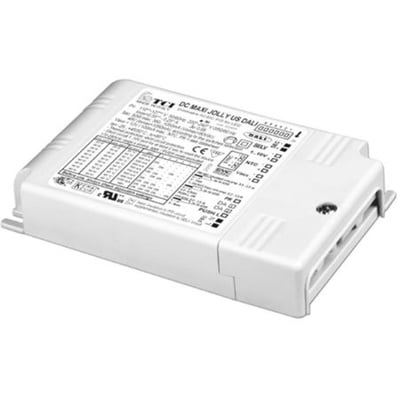Hvid TCI MAXI JOLLY SV DALI LED-driver på 40 W med mærkat på oversiden og tilslutninger i enderne.