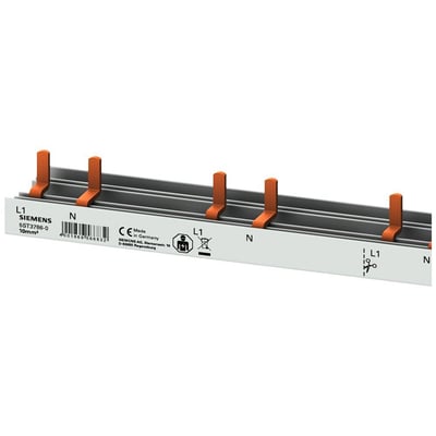 Siemens PIN samleskinne til 10mm² med 2PH og orange stifter, vist på hvid baggrund.