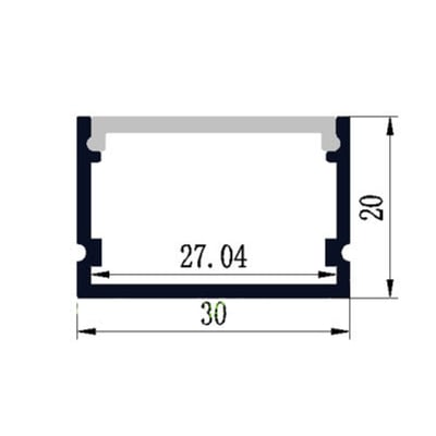 Tvٗrsnit af ALL-Light Alu profil 3020 med mål angivet; 30mm bredde, 20mm højde og 27.04mm indvendig bredde.