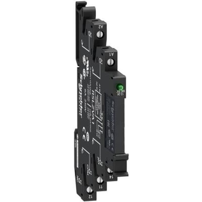 Schneider Electric Zelio RSL Slim relæ med sokkel, 12 VAC/VDC og 6A mærkekapacitet, vist på hvid baggrund.