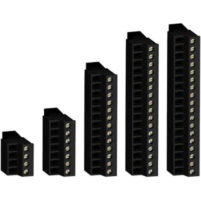 Schneider Electric klemrækkesæt til M241 reservedele, vist i fem forskellige størrelser med skrueklemmer i sort plast.