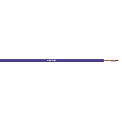 Lapp H05Z-K 1X1 dbu kabel med blå isolering og synlig kobberleder, vist horisontalt.