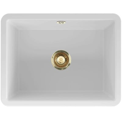 Lavabo Mataro II hvid keramik køkkenvask med PVD messing afløb og overløb monteret i vasken.