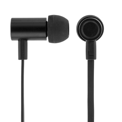 Sort STREETZ in-ear-headset med mikrofon og multiknap, vist tæt på med ørepropperne set fra siden og forfra.