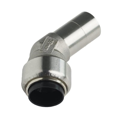 Roth 45 graders vinkel for 28mm rør i rustfrit stål AISI 316 med blank overflade og indstik.