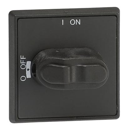 ABB sort drejegreb til tavlefront med 'I ON' og 'O OFF' markeringer og et drejeligt håndtag.