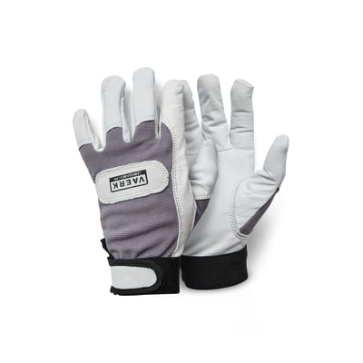 Tech Solid teknikerhandske i str. 8 med overdel i gråt tekstil og håndflade i hvidt gedeskind med velcro.