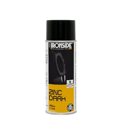 Ironside zinkspray i mørk grå, 400 ml, i dåse med sort hætte og sort-gul etiket.