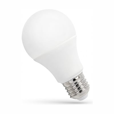 SpectrumLED A60 LED-pære med hvid, rund skærm og E27-fatning, vist skråt fra siden.