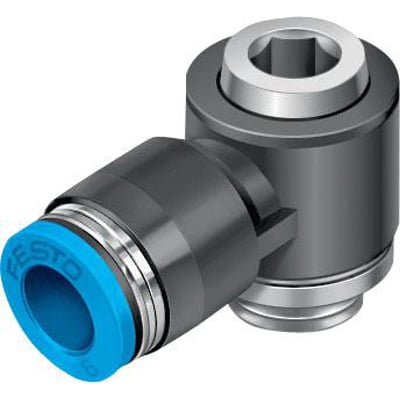 Festo vinkel-forskruning QSLV-G1/4-6-I med push-in forbindelse og udvendigt gevind, vist på hvid baggrund.