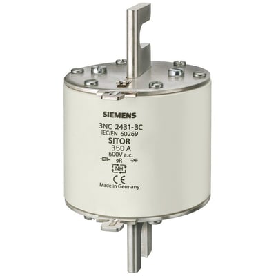 Siemens SITOR sikring, 3NC8 NH3, 350A, 500V a.c., gR, CE-mærket og produceret i Tyskland.