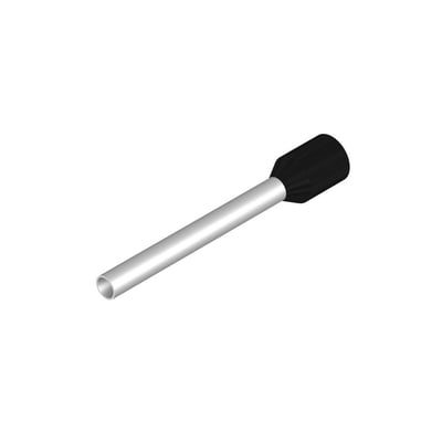 Sort isoleret Weidmüller terminalrør med en diameter på 1,5 mm² og en plastkrave på en hvid baggrund.