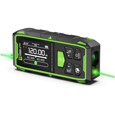 Nærbillede af Elma Laser 4 Dual afstandsmålerens digitale display og knapper, med tydelig grøn laserstråle fra fronten.