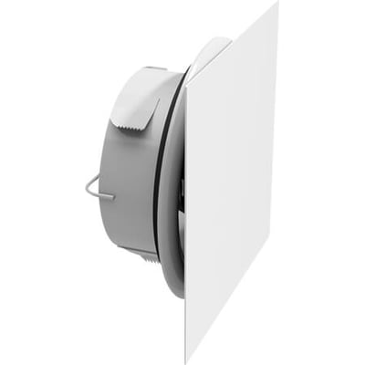 Lindab Airy frontplade i kvadratisk design og RAL9003 hvid, vist fra siden med ventilhus.