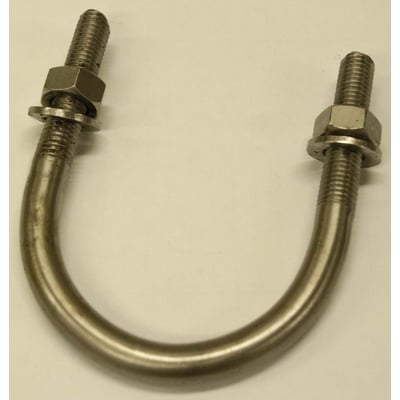 U-bolt M12 x 75 x 100 mm, fremstillet af metal, med gevind i begge ender og to møtrikker samt spændeskiver monteret.