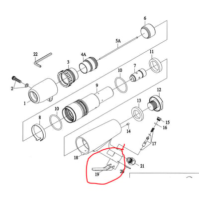 Eksploderet tegning af nålehammer FLEX-28, viser alle dele nummereret og adskilt, med fokus på håndtag 19 og trigger 20.