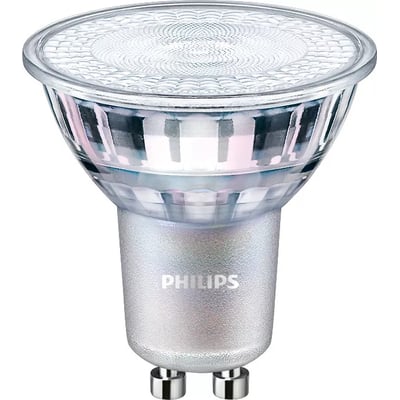 Philips MASTER Value LED-spot med GU10-fatning og klar, facetteret front, set forfra.