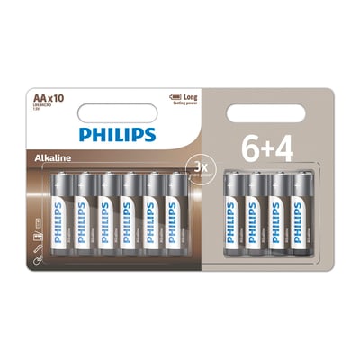 Philips Tech alkaline batterier i AA LR6 Micro størrelse, 10 stk pakke med 6+4 gratis til langvarig strøm i hverdagsenheder.