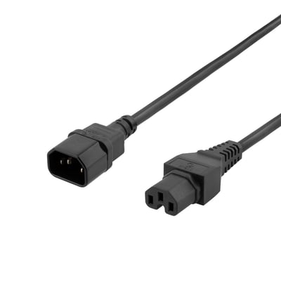 Nærbillede af et sort DELTACO strømkabel, der viser de lige IEC C15 og IEC C14 stik til 3 meter kabel.