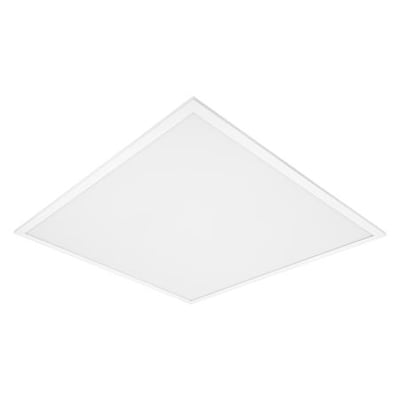 Hvidt LEDVANCE Panel Comfort DALI LED-panel på 28 W med kvadratisk lysflade og smal ramme, set skråt forfra.