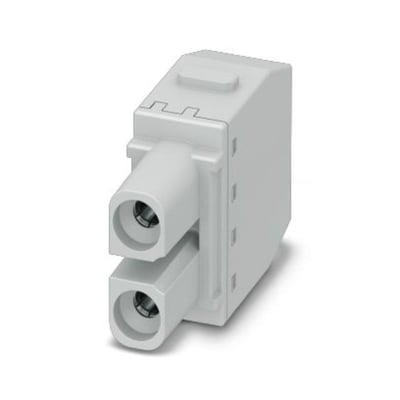 Weidmüller-modulindsats til industrikonnektor med to poler, 40 A og 690 V, set skråt forfra med to runde tilslutninger.