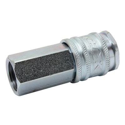 Trykluftkobling med 3/8" indvendig gevind og overfladebehandlet maskinstål. Koblingen har et grebsvenligt mønster for bedre håndtering.