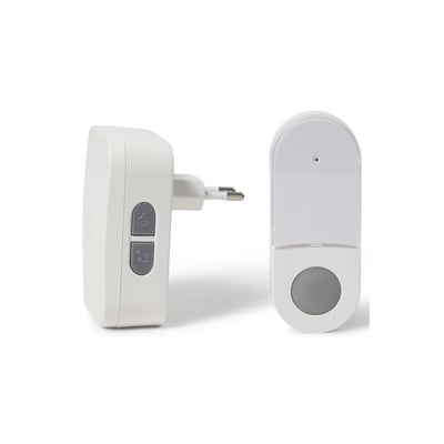 Michaela trådløst dørklokke-kit med plug-in lydgiver og kinetisk trykknap, hvid med grå knapper.