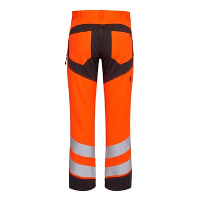 Bagsiden af FE Engel stretch arbejdsbukser 2544, orange/grå, str. 92, viser lommer og refleksbånd.