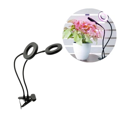 Sort Kobi VITARO RING 2 CLIP plantelys med to ringformede LED-lys på fleksible arme og en klemme.