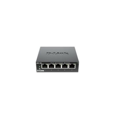 D-Link DES-105 Fast Ethernet-switch med fem 10/100 Mbps-porte og metalhus, set forfra og let oppefra.