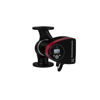 Grundfos MAGNA3 50-100 F cirkulationspumpe set forfra med flanger, sort pumpehus med rød detalje og integreret kontrolboks på hvid baggrund.