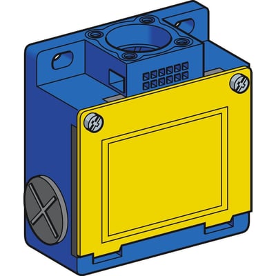 3D illustration af Telemecanique Sensors XCK-M endestop i metal med gul frontplade og tydelige kabelindgange.