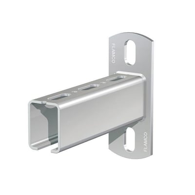 Flamco Skinnekonsol R2 i metal med mål 200 x 34 x 20 mm og grundflange på hvid baggrund.