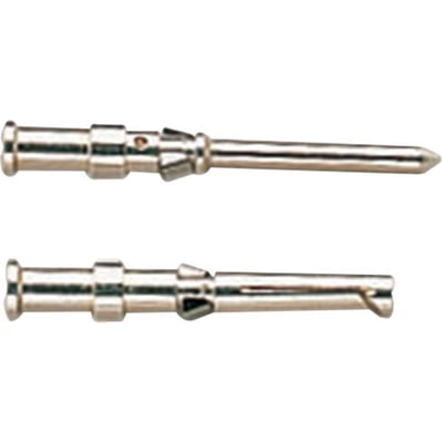 Nærbillede af to Harting crimp stikben til Han D/DD, der viser detaljer ved spids og crimpeende.