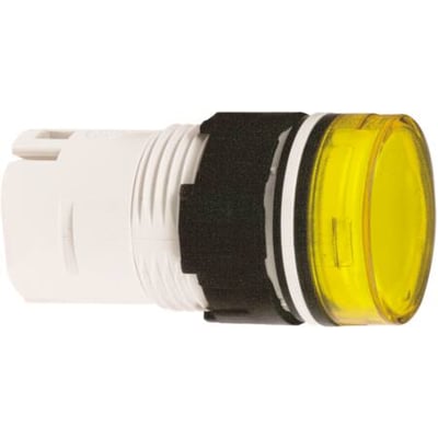 Schneider Electric rundt lampehoved Ø16 mm i klar gul plast med sort monteringsring og hvid bagende.