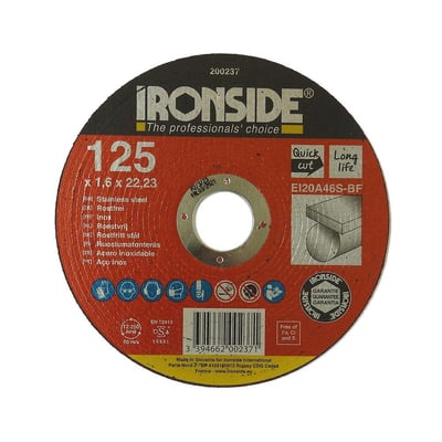 Ironside plan skæreskive til rustfrit stål, 125 x 1,6 mm, med rød og sort mærkning på forsiden.