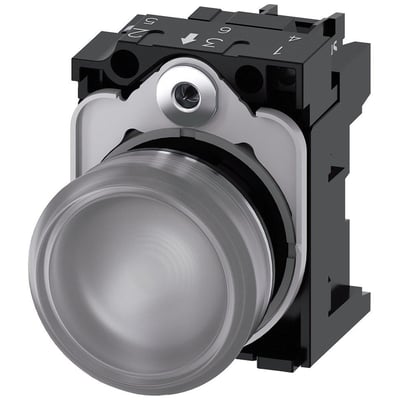 Siemens SIRIUS ACT 22mm signallampe i metal med højglans finish og klar linse, 230V AC.