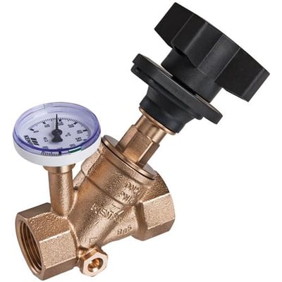Kemper Multi-Fix+ cirkulations- og reguleringsventil, 1/2", rødgods med temperaturmåler og sort justeringshåndtag.