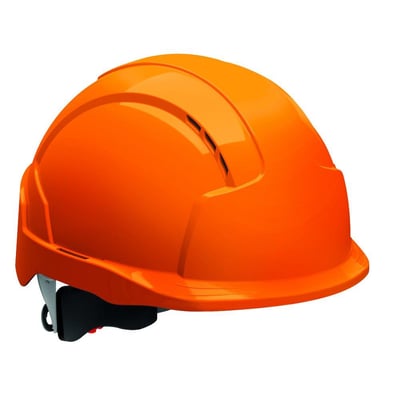 Letvægts orange EVO Lite sikkerhedshjelm med skrueindstilling og ventilationshuller, sat på hvid baggrund.