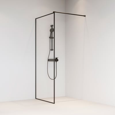 Brasta Dija Frame brusevæg med sort ramme og klart glas, 90x200 cm, vist i et hjørne med brusearmatur.