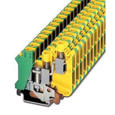 Nærbillede af Phoenix Contact UK 10-TWIN-PE jordklemme, der viser skruetilslutningen og dobbelte terminaler i gul og grøn plast.