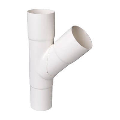 Plastmo hvidt grenrør Ø90x90mm med 45 graders vinkel, fremstillet af plast til ventilation.