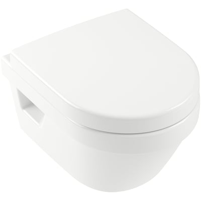 Hvidt, kompakt væghængt toilet fra Villeroy & Boch Arch med toiletsæde og lukket låg.